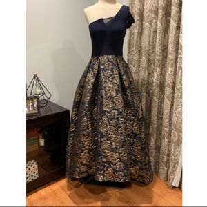 Gold and Navy Blue Ball Gown Prom Dress with Train